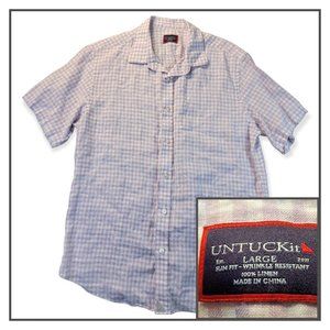 Untuckit 100% Linen Men's Shirt Sz Large Purple Check Short Sleeve Style Attilio